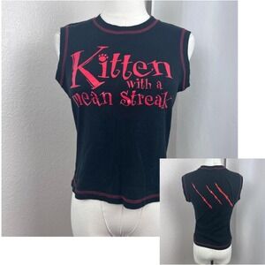 Vintage Y2K Doe Mighty Fine Top Womens Large Black Crop Kitten Cat Cyber Grunge